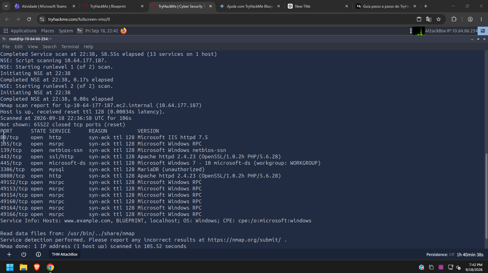 Resultado do Nmap com os serviços identificados na máquina Blueprint.