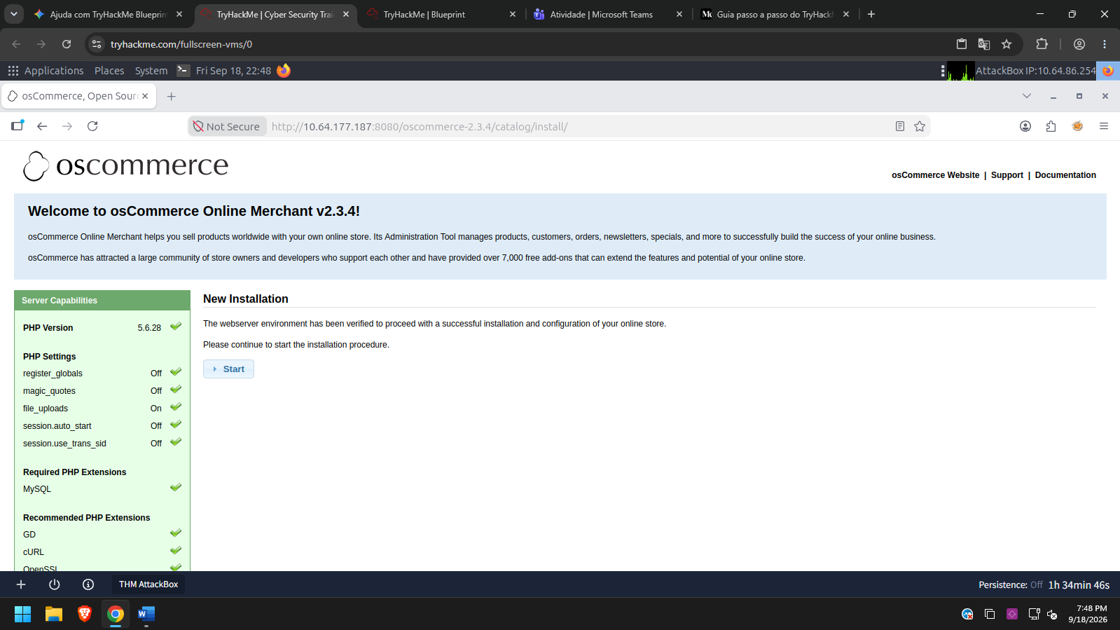 Interface de instalação do osCommerce Online Merchant v2.3.4 acessível no navegador.